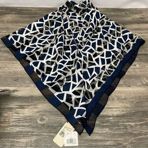 Elaine Gold Geometric Sheer Square Scarf Blue Black White Modern Print VTG NWT